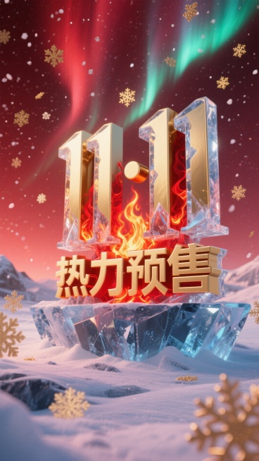 冰与火之歌的主题，冰晶凝结成的“11·11”立体字，内部有红色火焰燃烧。金色的“热力预售”字样由温暖的极光构成，背景是红色渐变的极光夜空，飘落着金色的雪花。预览效果