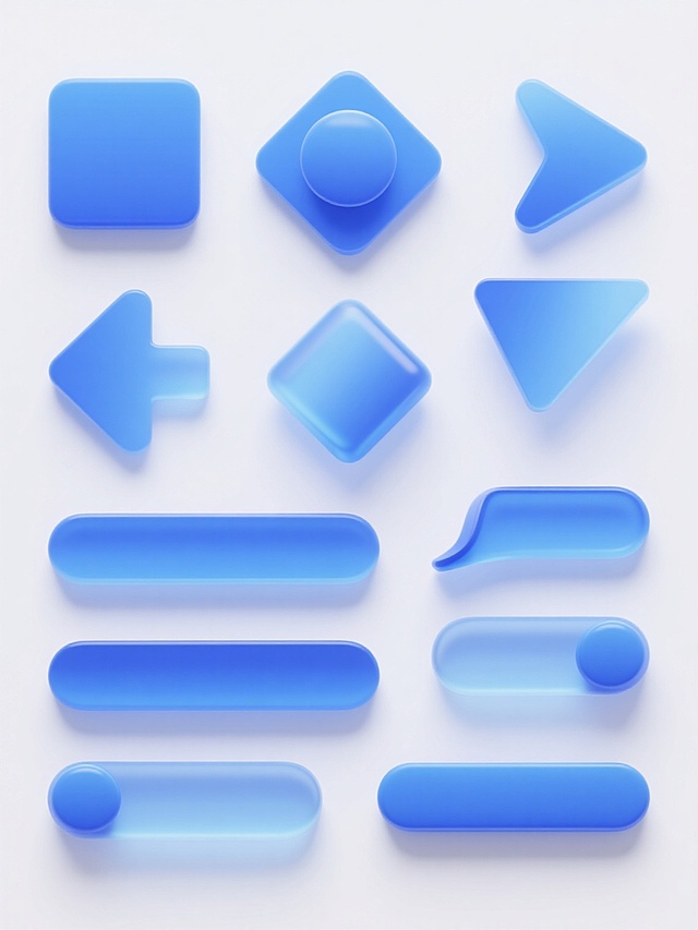多种不同样式的蓝色按钮规整排列在纯白色背景上，按钮采用半写实3D风格，具有光滑的塑料质感和细腻的渐变光影效果，高光部分明亮突出，阴影过渡自然柔和，展现出立体饱满的形态，包括矩形带凸起顶部的按钮、箭头形状按钮、长条形按钮、带折叠角的按钮、带圆形端部的按钮以及两端圆润的矩形按钮等多种设计，整体视觉简洁清晰，风格统一，呈现出专业的UI设计感。
