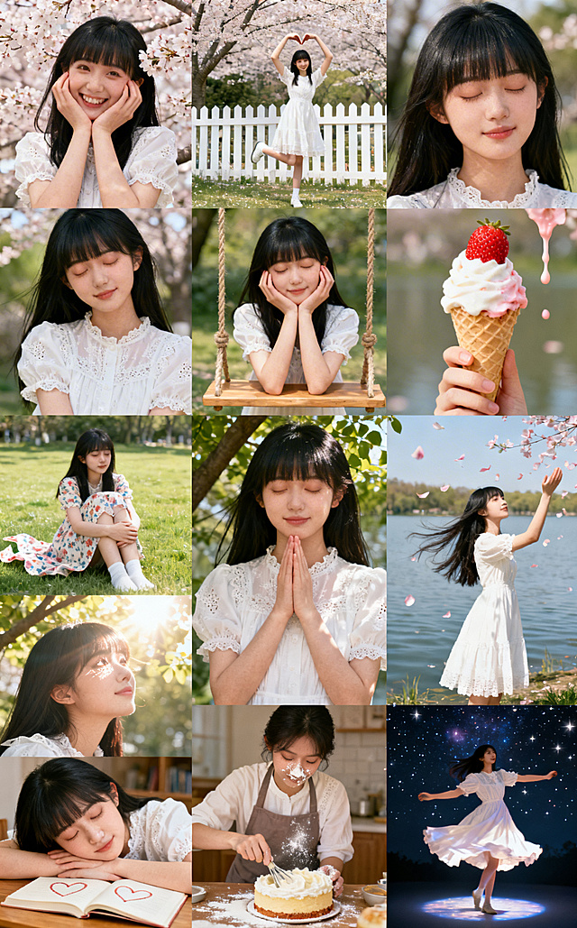 樱花纷飞中，少女身着白裙，光影柔美，手账风与胶片感交织，清新梦幻，文艺浪漫，尽显春日温馨与唯美感。