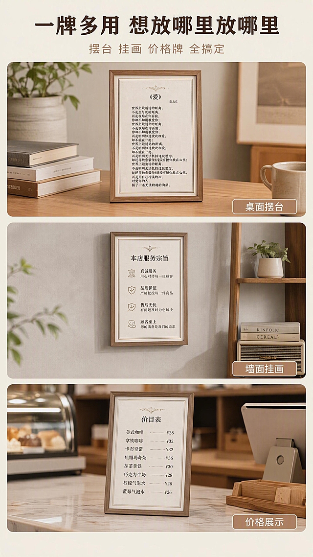 [第2张] 详情页场景种草-多用途场景展示三宫格。本张使用【图2】作为各场景产品主体参考。
[氛围/风格] 简约文艺风，真实场景代入感，商业摄影质感。
[元素布局] 上方主标题区，下方三宫格竖排展示三种使用场景：上格是桌面摆台场景（原木色书桌，装饰画摆放在桌上，旁边有书本绿植，温馨文艺）；中格是墙面挂画场景（浅灰色墙面，装饰画挂在墙上，旁边有置物架，家居感强）；下格是价格牌/展示牌场景（店铺柜台，装饰画作为价格展示牌立在台面上，商业实用）。三格大小一致，间距均匀，每格中的装饰画均为原木色相框，与输入产品图一致，但内容和尺寸略有不同以展示定制多样性。
[光影质感] 每格场景均有自然柔和光线，光影真实，木框质感清晰，画芯内容可读。
[配色色系] 全局底色 #F5F0E8 米白色；主色原木色；辅助色深棕文字，各场景自然配色。
[视角构图] 竖版三宫格布局，阅读动线从上到下，每格独立场景。
[文字版式] 顶部主标题「一牌多用 想放哪里放哪里」，深棕色粗体大号居中；副标题「摆台 挂画 价格牌 全搞定」，浅棕色中号。每格右下角有场景名称标签：「桌面摆台」「墙面挂画」「价格展示」，圆角浅棕底白字小标签。
[比例分辨率] 9:16 竖版比例，4K 分辨率，文字清晰可辨，高清画质。
[负向提示词] 变形，水印，文字错乱，文字过小，缺件错件，颜色偏差，产品图模糊，背景杂乱，logo。