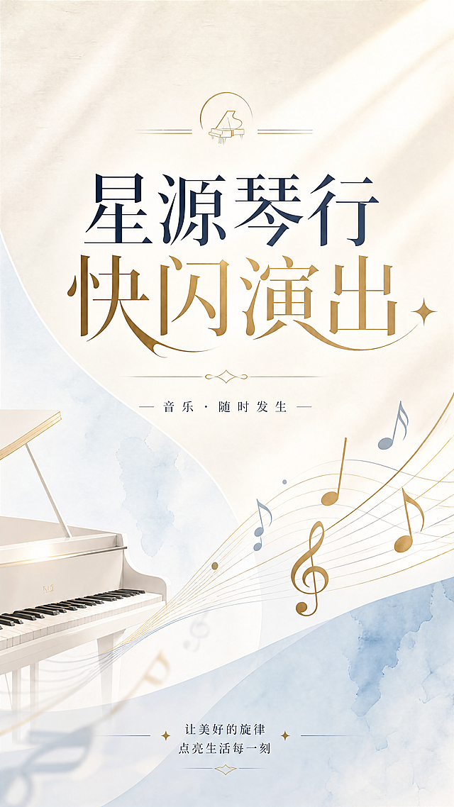 为"星源琴行快闪演出"设计一张X展架宣传图，风格清新简约，浅色调背景，干净排版，包含主标题文字"星源琴行快闪演出"，点缀简洁钢琴音符线条元素，适合线下展示