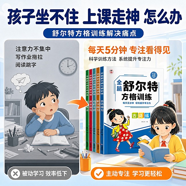 [主图-2] 痛点与学习目标 孩子注意力不集中怎么办 舒尔特方格训练解决痛点
[统一基调] 教育类专业品质风 整体干净明亮 主色调蓝色+白色+橙色点缀 主标题深蓝色粗体 副标题深灰色 强调色橙色 字体为圆润无衬线体 字号层级分明 卡片圆角矩形 图标简洁可爱
[画面] 画面采用左右对比构图 左侧表现孩子学习痛点场景 一个小学生坐在书桌前 东张西望 书本摊开但注意力不集中 桌上有些散乱 用浅灰色调表现 右侧展示舒尔特方格训练书5册整齐摆放 旁边有一个孩子专注看书的卡通形象 色调明亮温暖 中间用箭头连接 表示从痛点到解决方案 产品书本放在右侧黄金位置 占画面约40%
[光影质感] 左侧痛点区域光线偏暗偏冷 右侧解决方案区域光线明亮温暖 形成鲜明对比 书本保持真实质感 有自然阴影
[配色] 左侧冷灰色调 右侧蓝橙暖色调 主标题深蓝色 痛点文字用深灰色 解决方案文字用橙色高亮 书本颜色与原图一致
[文字版式] 顶部大标题"孩子坐不住 上课走神 怎么办" 深蓝色粗体 左侧痛点区域上方小字"注意力不集中 写作业拖拉 阅读跳字" 深灰色 右侧解决方案区域上方橙色大字"每天5分钟 专注看得见" 下方小字"科学训练方法 系统提升专注力" 文字清晰 不遮挡产品主体
[输出要求] 1:1正方形 2048x2048 文字清晰可读 产品完整 无变形错字 无水印无平台Logo 画面有层次感