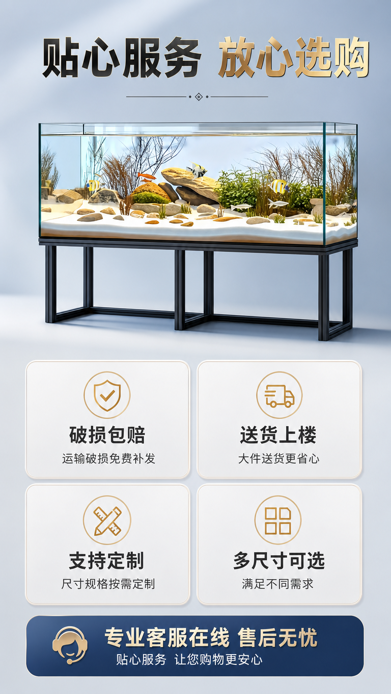[商品] 使用【图1】长方形金晶超白玻璃鱼缸，配黑色金属支架；… - 图片创意预览