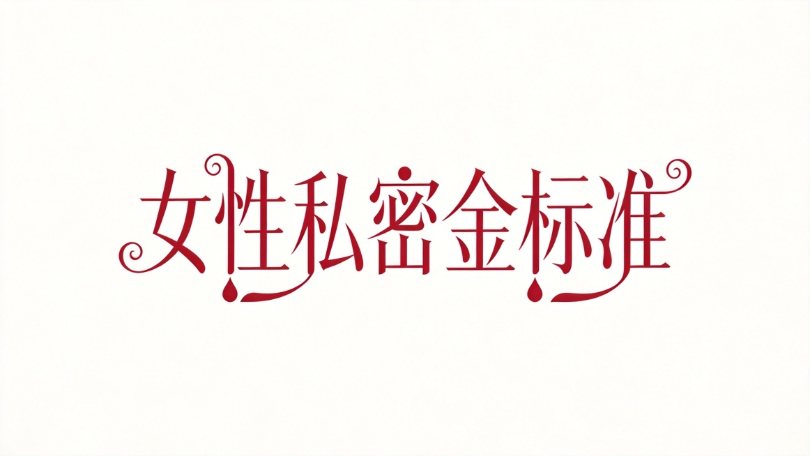 干净的纯白色背景。平面艺术字体设计，六个字主体文字"女性私密金标准"，所有文字单行横向排列，字形设计：纤细优雅宋体，笔画末端带有卷曲装饰，点画替换为水滴形圆点，长撇长捺末端延伸出飘逸曲线，首字起笔和末预览效果