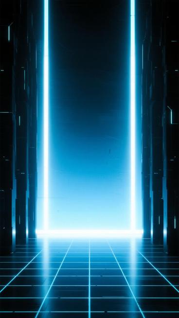 赛博朋克风格直播间背景，深邃的渐变蓝色调，从底部亮蓝色发光网格地面向上过渡到深蓝色背景，垂直排列的细长发光线条从顶部垂落，光线明亮且带有科技感光晕，整体呈现出未来感与空间纵深感，适合作为直播时的沉浸式背景环境。预览效果