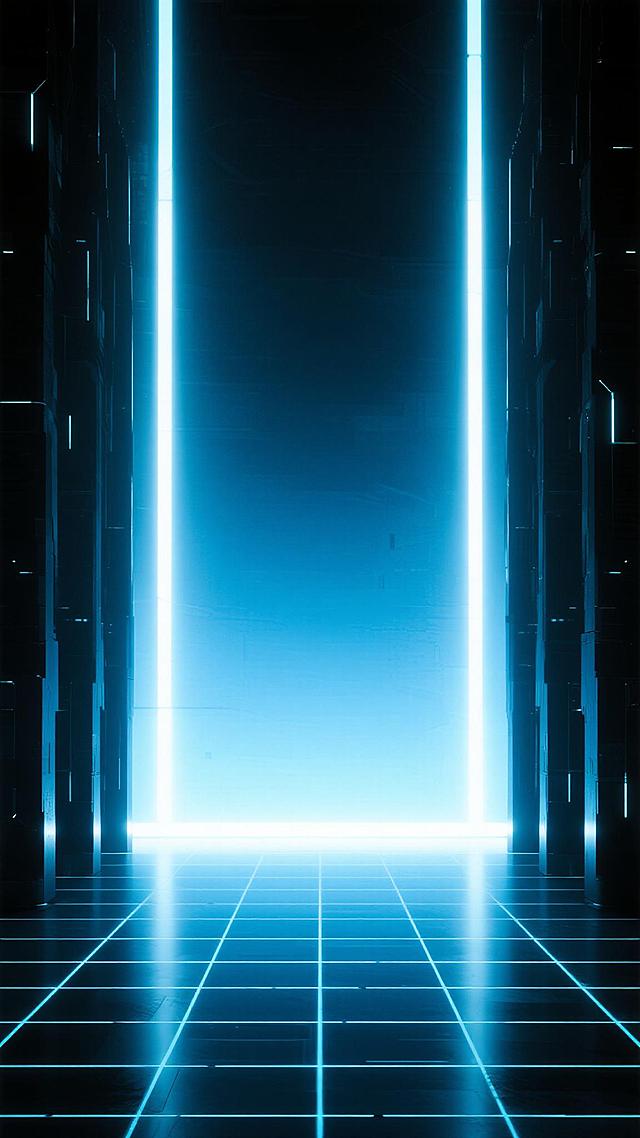 赛博朋克风格直播间背景，深邃的渐变蓝色调，从底部亮蓝色发光网格地面向上过渡到深蓝色背景，垂直排列的细长发光线条从顶部垂落，光线明亮且带有科技感光晕，整体呈现出未来感与空间纵深感，适合作为直播时的沉浸式背景环境。