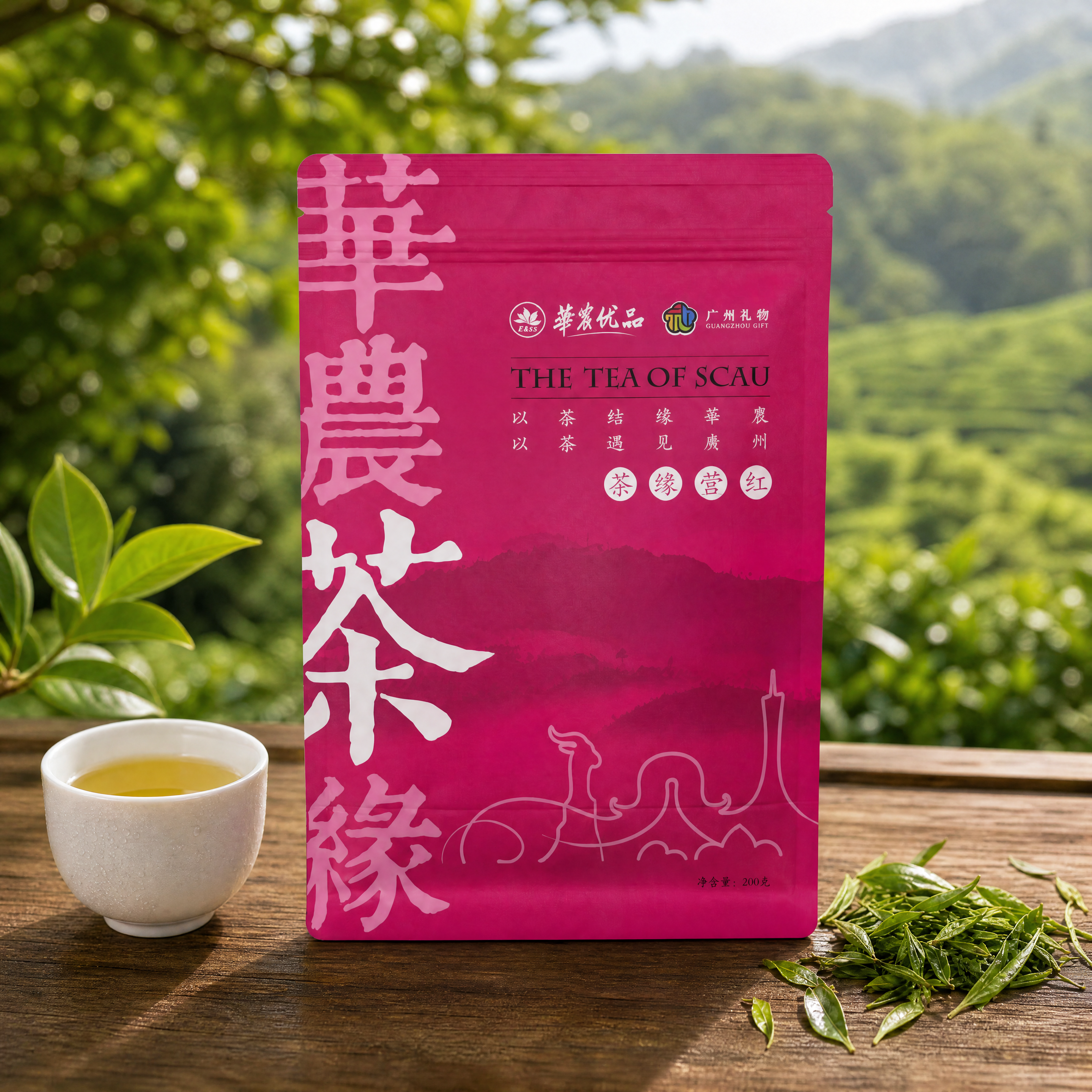 将图1的背景替换为图2的背景，背景完全参照图2的茶山、树叶、木… - 图片创意预览