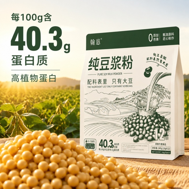 [主图-2] 纯豆浆粉核心原料展示，产地溯源信任图。保持原产品包装外观与输入图片一致，将包装放置在画面右半部分，左半部分展示东北非转基因大豆种植田背景，饱满金黄的大豆颗粒堆放在前景，特写突出大豆圆润光预览效果