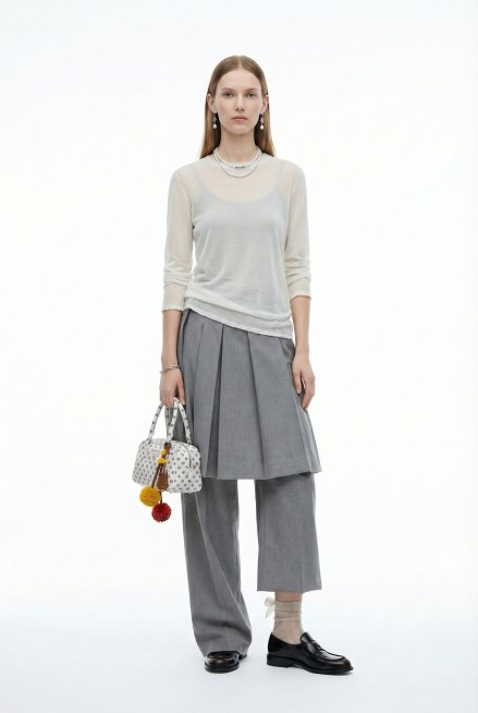 生成女装品牌风格的LOOKBOOK照片，风格参照MIUMIU和Prada，要高级，保留服装所有细节和颜色，包括服装的尺寸和图案。可以适当增加配饰等搭配，不需要腰部配饰，可以改变合适参考图风格的鞋子袜子预览效果