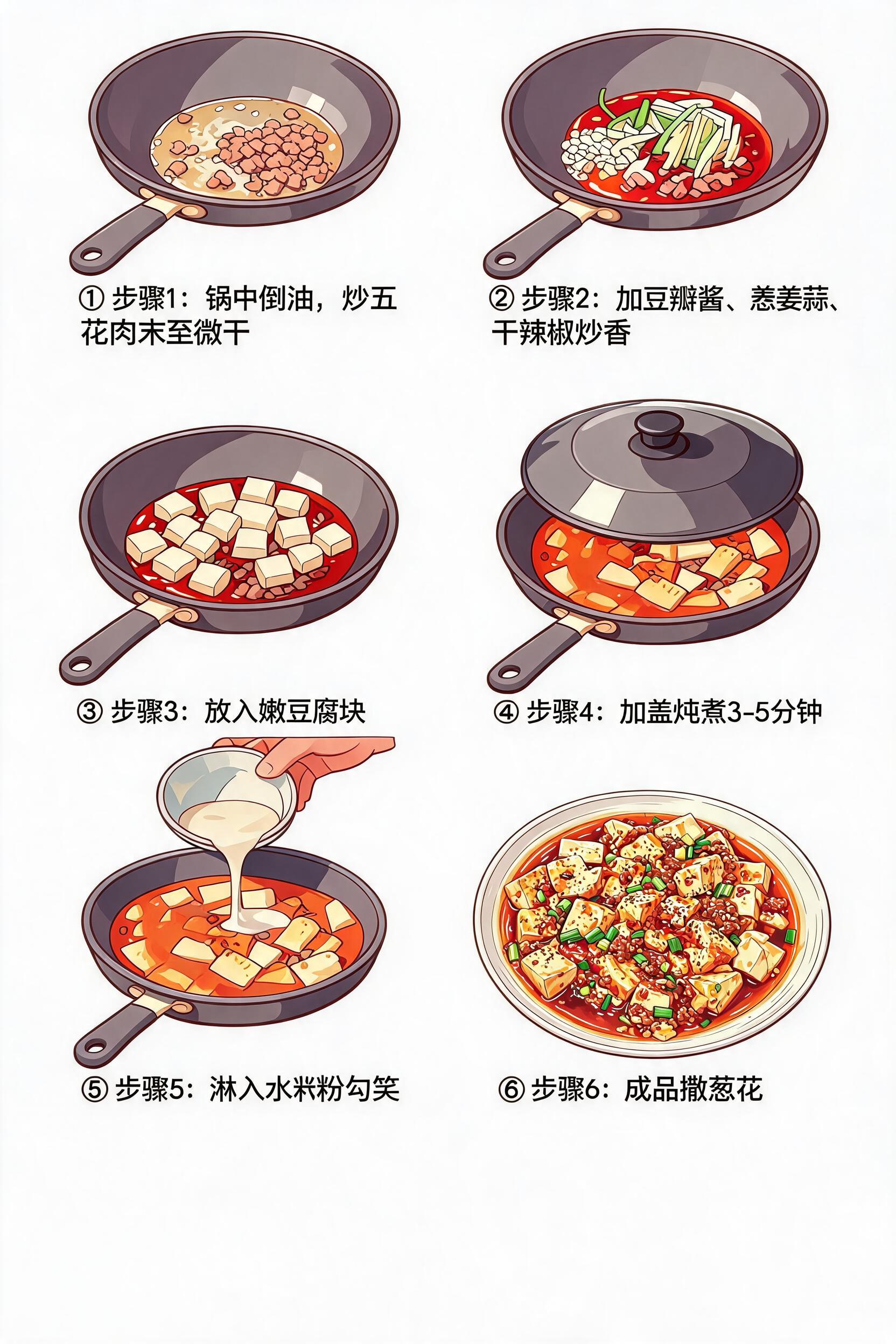 美食分镜插画，竖向6格分画面，保留原图6个肉沫豆腐烹饪步骤构图… - 图片创意预览