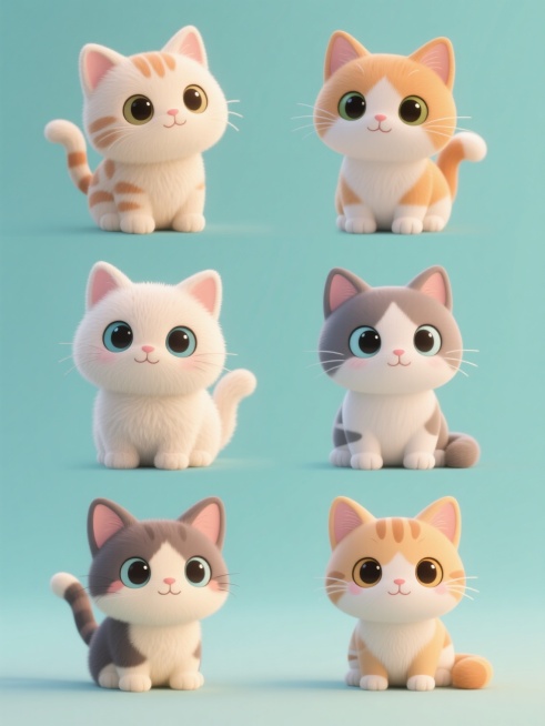 6只不同品种的Q版3D卡通猫咪集合，每只猫咪拥有独特配色方案，保持圆润可爱的造型、短绒毛质感、水汪汪的大眼睛和治愈系表情，采用纯色背景，整体呈规整网格排布，光影柔和，高光细腻，风格统一且充满童趣预览效果