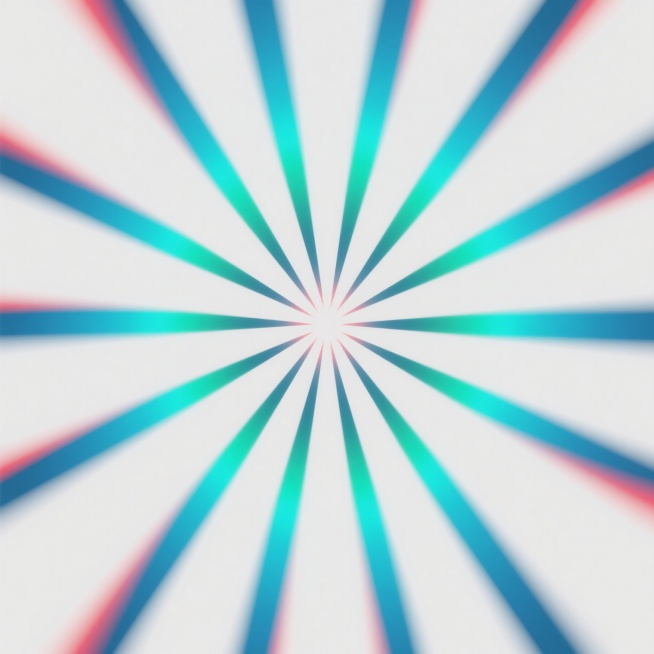 白色纯色背景，中心向外辐射的抽象几何造型，由锐利的、带有动感模糊效果的放射状线条组成，线条呈现出蓝绿色、青色和少量红色的渐变色彩，色彩明亮且具有虹彩光泽，整体风格为数字艺术，光影效果表现为线条从中心向外扩散的动态感，光线柔和，无明显阴影，构图为中心对称式，视觉焦点集中在放射状线条的中心区域，线条粗细均匀，排列整齐，呈现出强烈的节奏感和视觉冲击力，整体设计简洁现代，具有科技感和未来感。预览效果