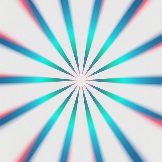 白色纯色背景，中心向外辐射的抽象几何造型，由锐利的、带有动感模糊效果的放射状线条组成，线条呈现出蓝绿色、青色和少量红色的渐变色彩，色彩明亮且具有虹彩光泽，整体风格为数字艺术，光影效果表现为线条从中心向外扩散的动态感，光线柔和，无明显阴影，构图为中心对称式，视觉焦点集中在放射状线条的中心区域，线条粗细均匀，排列整齐，呈现出强烈的节奏感和视觉冲击力，整体设计简洁现代，具有科技感和未来感。