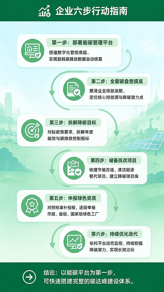 根据参考图生成第7页9:16竖版绿色低碳类信息图，保持和参考图统一柔和浅蓝绿渐变背景，正式商务扁平化插画风格，可无缝拼接。页面顶部设置窄幅深绿色标题栏，和参考图标题栏高度宽度完全一致，栏内为白色加粗标题“企业六步行动指南”，搭配路径流程线性图标。主体采用S形递进路径版式：6个步骤沿S形曲线从上到下错落排布，步骤之间用浅绿色箭头串联，体现递进逻辑；每个步骤为独立圆角卡片；所有二级标题统一使用浅绿圆角底色条、深绿加粗字体，搭配同色系序号线性图标，所有标题条的高度、圆角、内边距完全一致：第一步骤卡片：二级标题“第一步：部署能碳管理平台”，说明文字：搭建数字化管控底座，实现能耗碳排放数据自动核算；第二步骤卡片：二级标题“第二步：全面碳盘查摸底”，说明文字：摸清企业排放底数，定位核心排放源与降碳潜力点；第三步骤卡片：二级标题“第三步：拆解降碳目标”，说明文字：对标政策要求，拆解年度能效与碳排放控制指标；第四步骤卡片：二级标题“第四步：储备技改项目”，说明文字：梳理节能改造、清洁能源替代项目，建立降碳项目库；第五步骤卡片：二级标题“第五步：申报绿色资质”，说明文字：对照标准补短板，逐级申报市级、省级、国家级绿色工厂；第六步骤卡片：二级标题“第六步：持续优化迭代”，说明文字：依托平台动态监控，持续挖掘降碳潜力，实现长效达标。页面底部为固定高度深绿色通栏结论区，和参考图底部栏高度宽度完全一致，白色总结句搭配箭头小图标：结论：以能碳平台为第一步，可快速搭建完整的碳达峰建设体系。画面中不出现任何色号、尺寸、规则类文字，仅展示业务内容文字。禁止出现：人物形象，真实照片风格，卡通低幼风，手账拼贴，便签纸，回形针，工字钉，贴纸，杂乱装饰，PPT分页感，幻灯片感，大段密集文字，文字错乱，错字漏字，模糊失焦，低分辨率，多余边框，背景颜色不一致，页面风格割裂，信息层级混乱，二级标题样式不统一，图标风格不一致，色号文字，参数标注，尺寸数字，规则说明文字