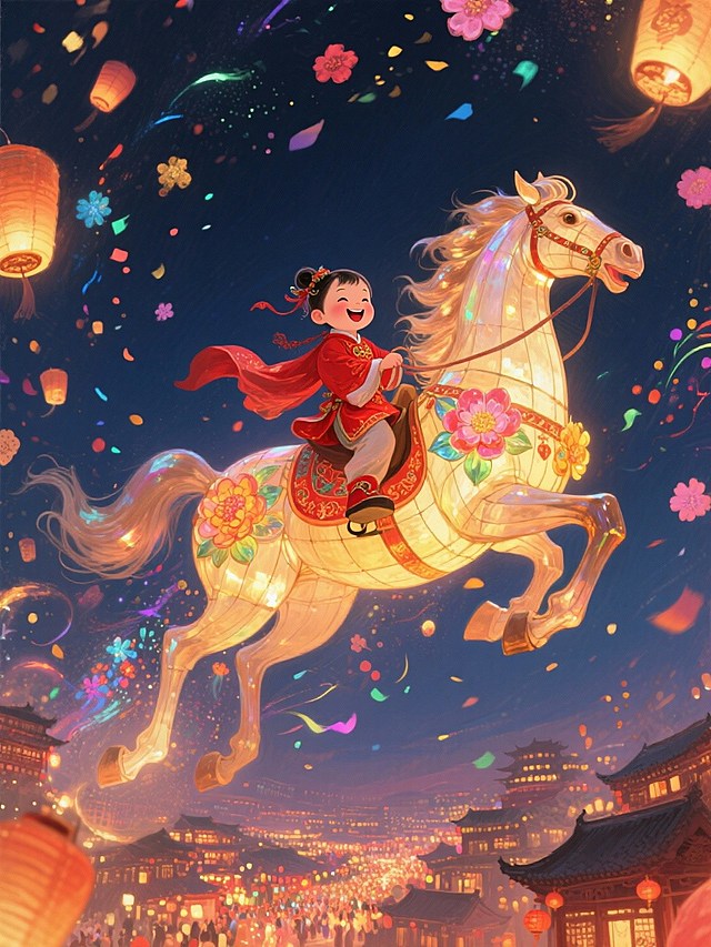 空中穿红衣传统服饰的福娃骑着马造型的巨型花灯从远处奔腾而来，背景是夜空下飞舞的花灯与流光特效，底下是万家灯火，热闹喜庆
