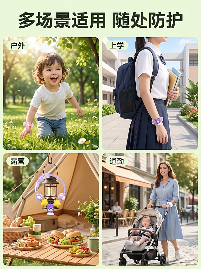 [主图 4] 卡通驱蚊手环多场景适用展示；
[氛围风格] 夏日舒适治愈风，自然生活化；
[画质] 商业摄影质感、光线柔和通透、产品清晰真实、画面干净高级；
[元素] 四宫格布局展示不同生活场景佩戴效果：左上儿童佩戴在手腕，右下宝妈外出佩戴，左下露营场景放置，右上日常上学佩戴。保持产品外观（物理结构、材质质感、颜色）与输入产品图绝对一致，杜绝任何变形和色差，精细化处理。每个场景都清新自然，整体画面统一和谐；
[光影] 每个场景都采用自然柔和日光，整体亮度均匀通透；
[配色] 每个场景都以浅色系自然背景为主，整体风格统一清新；
[视角构图] 四宫格均分构图，每个场景展示清晰，重点突出产品；
[文字版式] 顶部通栏标题 "多场景适用 随处防护"，深绿色粗体，每个小场景角落标注场景名称（户外/露营/通勤/上学），小号浅色文字不遮挡产品；
[比例分辨率] 3:4比例，2k分辨率，文字清晰可辨，超高清画质；
[负向提示词] 变形，水印，文字错乱，产品图模糊，背景杂乱，配色刺眼，遮挡主体