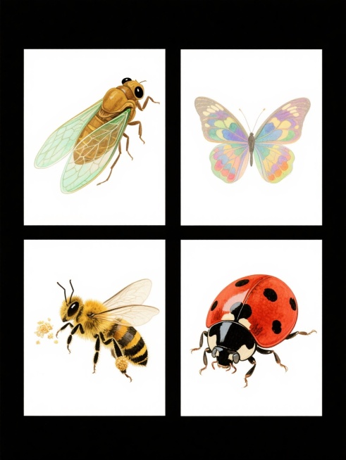水彩风格飞行动物系列素材集合，四格规整排布，每格为不同种类飞行动物。第一格蝉：棕黄色身体，透明带淡绿色光泽的翅膀，黑色眼睛和腿部，翅膀有清晰翅脉纹理，水彩晕染质感，柔和边缘。第二格蝴蝶：色彩斑斓的翅膀，带有对称花纹，轻盈的体态，翅膀半透明感，水彩渐变色彩过渡自然。第三格蜜蜂：黄黑相间的身体，毛茸茸的质感，透明翅膀，后腿带有花粉团，动态的飞行姿态，色彩明快。第四格瓢虫：红色鞘翅上有黑色斑点，半球……预览效果