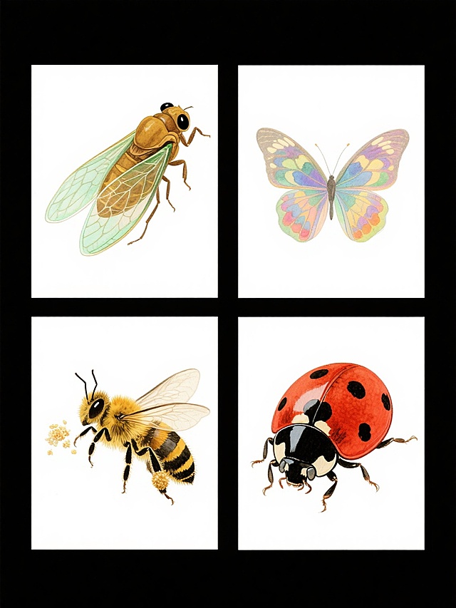水彩风格飞行动物系列素材集合，四格规整排布，每格为不同种类飞行动物。第一格蝉：棕黄色身体，透明带淡绿色光泽的翅膀，黑色眼睛和腿部，翅膀有清晰翅脉纹理，水彩晕染质感，柔和边缘。第二格蝴蝶：色彩斑斓的翅膀，带有对称花纹，轻盈的体态，翅膀半透明感，水彩渐变色彩过渡自然。第三格蜜蜂：黄黑相间的身体，毛茸茸的质感，透明翅膀，后腿带有花粉团，动态的飞行姿态，色彩明快。第四格瓢虫：红色鞘翅上有黑色斑点，半球形身体，黑色的头和足，水彩笔触清晰，色彩饱和。整体画面背景为白色，四格布局整齐对称，每格动物形象独立完整，保持统一的水彩绘画风格，色彩和谐，细节丰富，具有清新自然的艺术氛围。