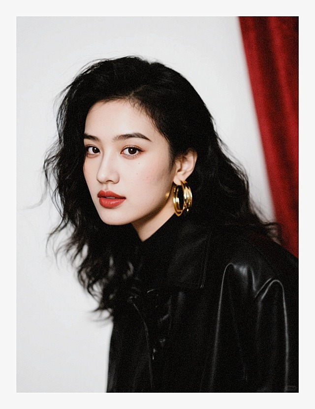 一个女生，红布背景，黑色大波浪长发，大红唇，黑色皮衣，金色大耳环，低饱和度，加强阴影。