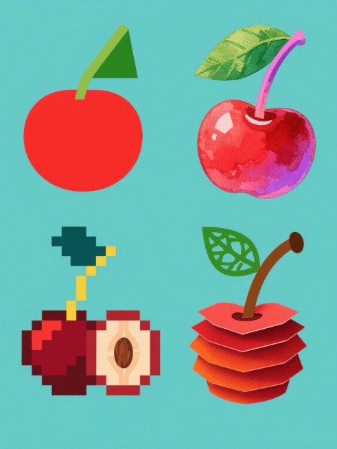 纯色背景上，四颗完全不同风格造型的樱桃系列素材规整排布成2x2网格。左上角：极简几何风格樱桃，红色圆形主体搭配绿色三角形叶片与细长直线果柄，边缘锐利，高饱和红黄配色；右上角：水彩手绘风格樱桃，半透明红色晕染果实，绿色叶片带自然笔触纹理，果柄弯曲，柔和粉紫渐变色调；左下角：像素艺术风格樱桃，8-bit方块构成的深红色果实，深绿色叶片，黄色果柄，复古电子游戏蓝绿配色；右下角：立体剪纸风格樱桃，多层……预览效果