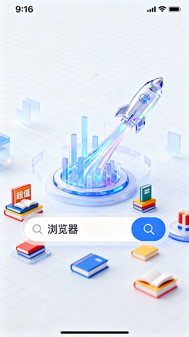 简约科技风2.5d网络服务浏览器APP主图，浅色系背景铺满全图，整体体现快速顺畅科技感，搭配立体数据流和流线型水晶火箭，包含浏览器界面搜索框，搜索框里写着“浏览器”，广告图形虚化消除，在画面二分之一往下一点位置加入一个超值好物主题的书本卡通小图标，图标占比10%-25%，图标不重复，9:16构图