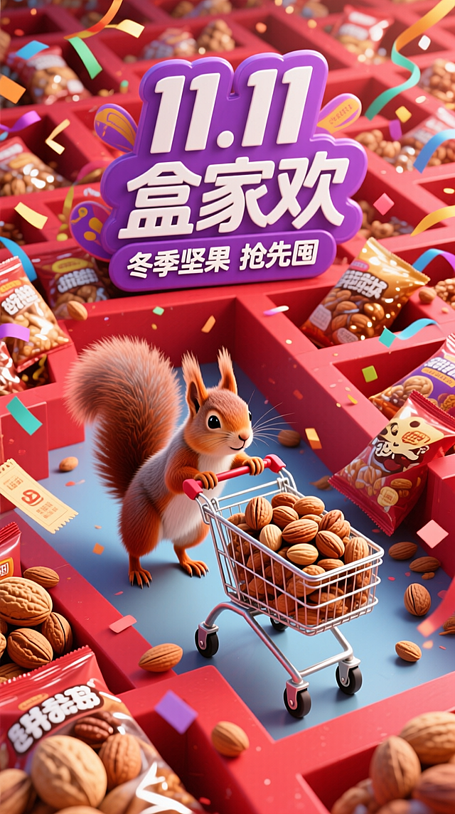 极致明亮的红色调画面中间一个松鼠推着购物车，购物车里有坚果，背后带有设计感的巨大的紫色主标"11.11 盒家欢"+副标“冬季坚果 抢先囤”，背景在坚果零食袋堆积组成的巨大的迷宫中，零食袋中透着光亮，鸟瞰视角，促销元素飘落下来