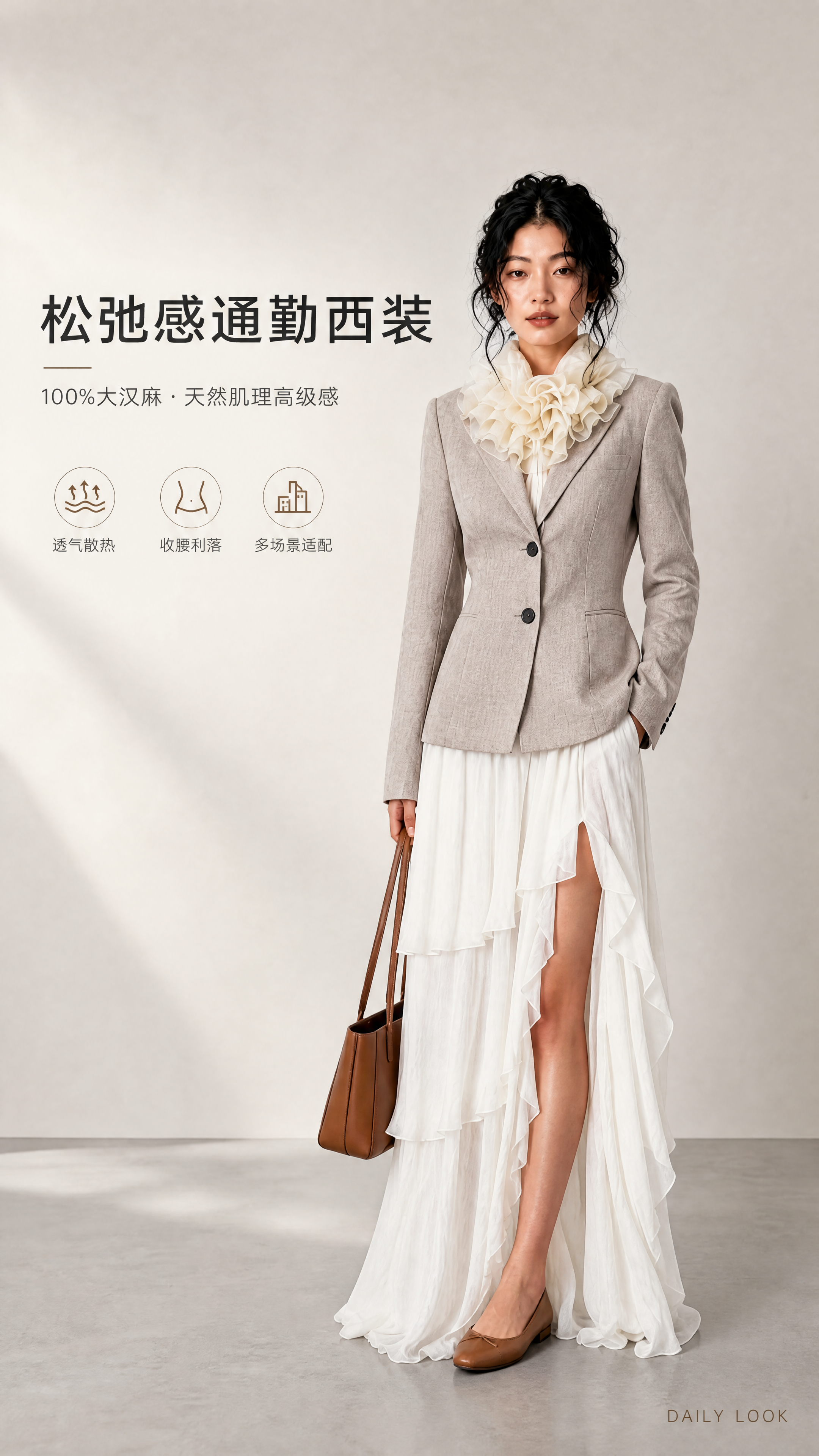[商品] 使用【图5】亚洲女模特身穿燕麦麻灰色大汉麻收腰西装外… - 图片创意预览