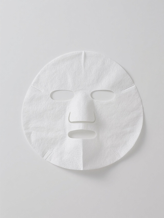一个纯白色的无纺布面膜，具有标准的面部轮廓剪裁，包括对称的眼孔、鼻孔和嘴部开口，边缘平滑，质地看起来轻薄柔软，整体呈现出干净、简约的外观，放置在纯白色的背景上，光线均匀，没有阴影，突出面膜本身的形态和质感。