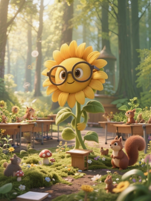 拟人化的大向日葵戴着圆形眼镜，站在自然环境的讲堂中，周围有小向日葵、小蘑菇、小松鼠等动物和植物作为学生，背景是阳光明媚的森林，地面有苔藓和野花，空气中漂浮着知识符号和蒲公英种子，整体氛围温馨自然，充满预览效果