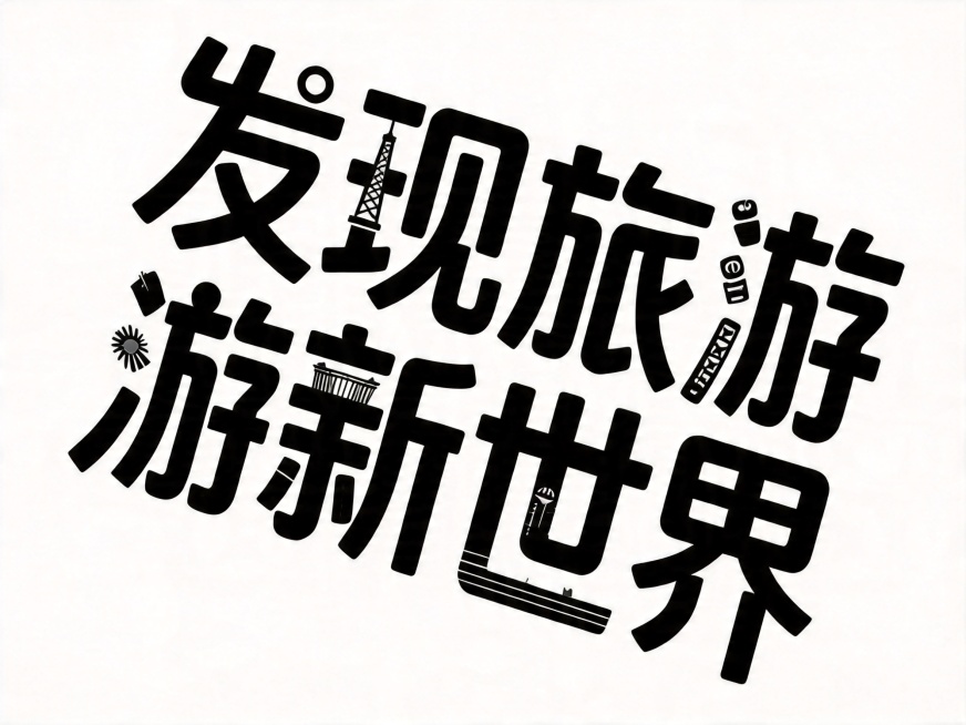 基于原图字体字形进行更具创意的创新设计，保持"发现旅游新世界"7个字和整体倾斜布局不变，将文字结构做更大胆的解构重组，部分笔画融入旅游相关元素进行创意替换，保持文字可识别性，保持干净纯白色背景，黑色主预览效果