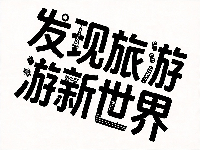 基于原图字体字形进行更具创意的创新设计，保持"发现旅游新世界"7个字和整体倾斜布局不变，将文字结构做更大胆的解构重组，部分笔画融入旅游相关元素进行创意替换，保持文字可识别性，保持干净纯白色背景，黑色主体字，文字整体必须完整呈现在画面内不可被裁切，四周留有安全边距
