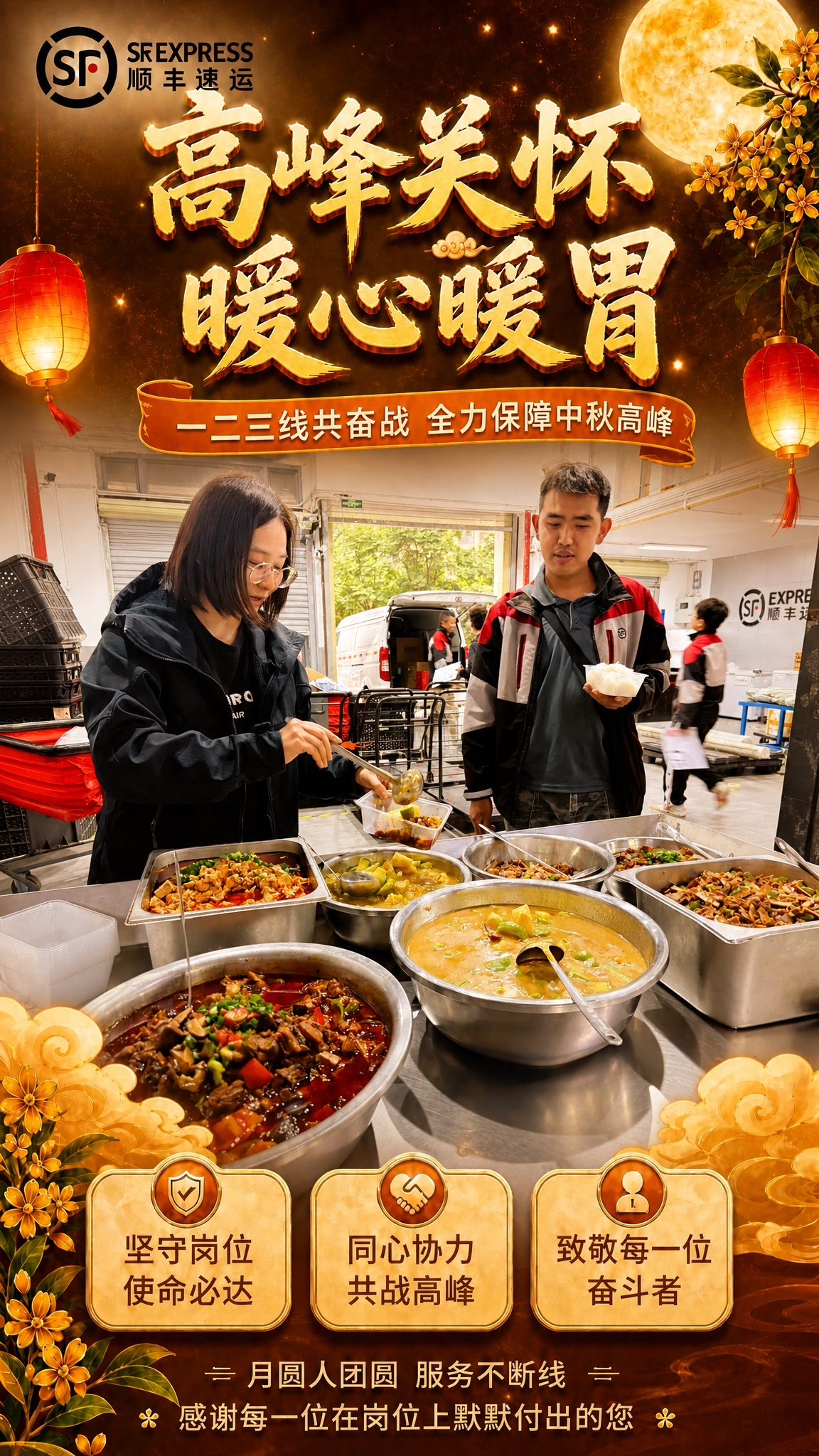 参考第一张海报的版式骨架与中秋暖金氛围，将中间主图区域替换为第… - 图片创意预览