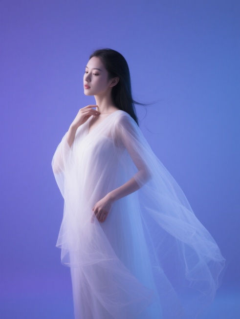 一位身姿优雅的亚洲女性，身着轻盈飘逸的白色薄纱长裙，薄纱在周身自然垂落并随风微微扬起，她一手轻扶颈部薄纱，另一手自然置于腰间，侧立身姿，面容宁静，眼神低垂，整体笼罩在柔和朦胧的蓝紫色调光影之中，背景为纯净的渐变蓝紫色，光线柔和均匀，营造出梦幻、空灵、静谧的氛围，具有高清晰度的人像摄影质感，画面简洁唯美，突出人物优雅的姿态与薄纱的轻盈质感。预览效果