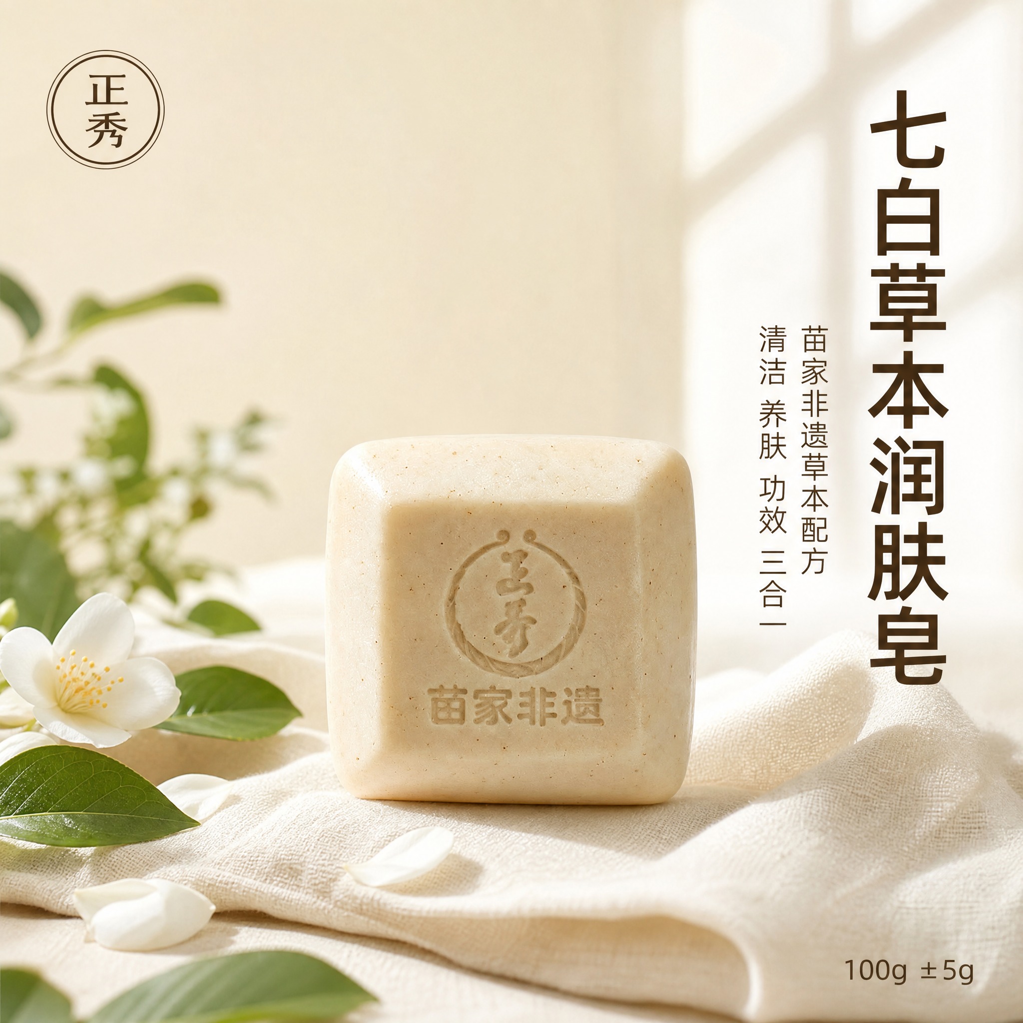 [主图-1] 首图品牌调性，展示七白草本润肤皂的高级质感与苗家… - 图片创意预览