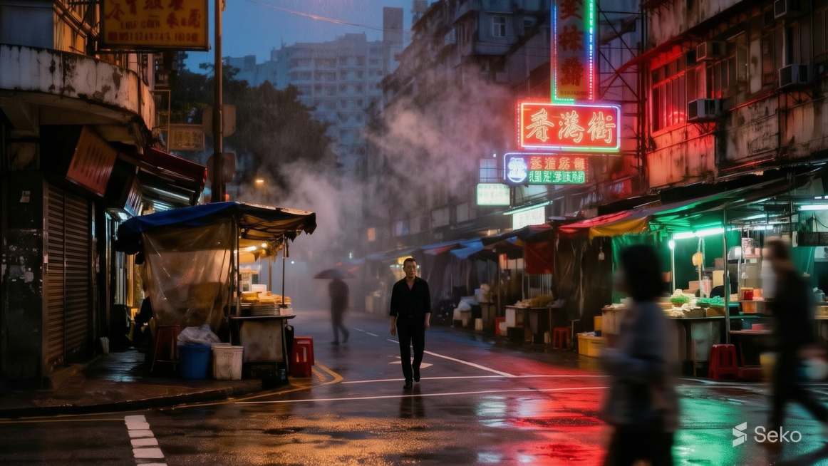 将图1的人物正面放到图2道路的远处，保留原图香港街道雨夜集市的整体氛围，人物在远处做虚化处理，自然融入场景预览效果