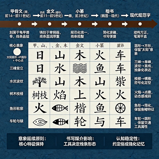 象形字到现代汉字的演化图谱（示意版）
说明​
时间阶段划分参考中国文字学主流分期：甲骨文 → 金文 → 小篆 → 隶书 → 楷书 → 现代规范字。
每个字例展示核心意象的延续与形态简化/规范化的过程。
箭头 →表示演化方向，【】内为核心意象要素。
1. 演化总览图（文字版）
甲骨文（商，前14–前11世纪）
   ↓ 刻画于龟甲兽骨，线条直拙，保留物象轮廓
金文（西周–春秋，前11–前5世纪）
   ↓ 铸刻于青铜器，线条圆润厚重，装饰性增强
小篆（秦，前3世纪）
   ↓ 官方统一字形，结构匀称，笔画圆转
隶书（汉，前2世纪起）
   ↓ 笔画方折，奠定今文字基础（破圆为方）
楷书（魏晋–现代）
   ↓ 结构方正、易写易认，成为现代标准
2. 典型字例演化表
现代汉字
核心意象【】
甲骨文
金文
小篆
隶书
楷书
演化要点
日​
【太阳圆形 + 中心点】
![oracle sun]⭕️（外框+点）
外圈更圆，点居中
圆转均匀
方折外框，点保留
日​
圆形→方形，保留“太阳”意象
山​
【三峰耸立】
︿︿︿（三尖峰）
峰形略弧
线条匀称
方折峰形
山​
三峰轮廓保持，形态简化
水​
【水流波纹】
𡿨（曲线+点）
曲线流畅
圆转波纹
三点替代曲线
水​
象形波纹→部首“氵”，意象转为偏旁
木​
【树干+枝+根】
𣎳（竖干+左右枝+下根）
枝根更明显
匀称对称
方直干枝
木​
整体结构保留，笔画平直化
火​
【火焰向上】
𤆄（人形侧视+火苗）
火苗更飘逸
圆转焰形
撇捺呈焰状
火​
象形火苗→部首“灬”，作偏旁时在下
鱼​
【鱼形+鳍+尾】
𩺀（全形鱼）
鳞片可见
匀称鱼身
方直轮廓
鱼​
整体象形→可拆为“⺾+田+灬”等构件
车​
【车轮+车架】
𨏖（双轮+轴）
轮辐明显
圆转车轮
方折轮形
车​
双轮意象保留，作偏旁时简化为“车”
🔍 注：表中图形以文字描述代替图片，实际制图可用《甲骨文编》《金文编》拓片扫描或 Unicode 古文字形插入。
3. 演化逻辑解析
3.1 意象延续原则
外形轮廓保留：如“日”“山”保持基本形状，即便由圆变方，读者仍能识别。
特征细节简化：甲骨文精细刻画 → 楷书仅留足以触发意象的关键笔画。
功能转化：部分象形字演变为部首/偏旁（如水→氵，火→灬），在新字中继续传递原意象。
3.2 书写媒介影响
甲骨文：刻刀限制 → 直线、锐角为主。
金文：铸造工艺 → 圆润饱满。
小篆：秦统一 → 圆转均匀，便于刻印。
隶书：毛笔书写 → 方折提按，速度提升。
楷书：纸张普及 → 方正易识，定型为现代字形。
3.3 认知稳定性
虽然笔画由繁到简，但核心意象锚点（如“日”的外框+点、“山”的三峰）从未消失，保证古今可读。
这种形义耦合的稳定性正是汉字能贯通历史与未来的根本。