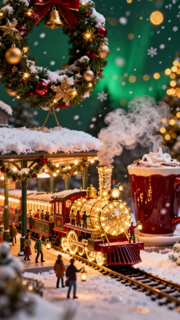 一个充满奇幻色彩的微缩世界，展示着一座魔法圣诞火车站。一辆装饰着发光饰品的巨型蒸汽机车高耸于小乘客之上，巨大的被雪覆盖的站台，上方悬挂着超大的花环，巨大的热可可杯冒着像云一样的蒸汽。小人们手持灯笼，登预览效果