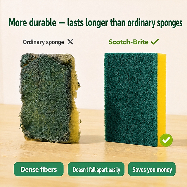 [prompt] 仅替换页面叠加文案为菲律宾英语；Scotch-Brite 品牌名原样保留。
[商品] 严格保留【图1】中左侧破碎毛边的旧海绵、右侧全新双面海绵（绿面+黄面）完整结构，以及木纹台面、右下绿色圆形对勾标记、Scotch-Brite 品牌字样，不改变海绵外观、新旧对比与品牌标志。
[画面] 保持左右对比构图、两块海绵位置与投影、顶部标题行、副标记行与底部三个绿色胶囊标签位置完全不变，不重新排版。
[视觉] 保持原图视觉：米白渐变背景、木纹台面、深绿色粗体标题、灰绿色对比标签、绿色圆角胶囊底白字，字体不变。
[文字] 顶部标题替换为「More durable — lasts longer than ordinary sponges」；左侧对比标替换为「Ordinary sponge ✕」（保留叉号）；右侧保留「Scotch-Brite ✓」原样；底部三个胶囊依次替换为「Dense fibers」「Doesn't fall apart easily」「Saves you money」；横向排版、位置与字号层级一致。
[规格] 图片比例 1:1，4K，负向：不要保留泰文字符（Scotch-Brite 品牌除外）、不要乱码错字、不要改变品牌标志、不要改变海绵外观与新旧对比、不要改变胶囊与标签位置、不要文字过小、不要水印二维码。