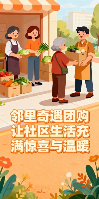 生成细长竖版卡通社区封面图，文字向下一点预览效果