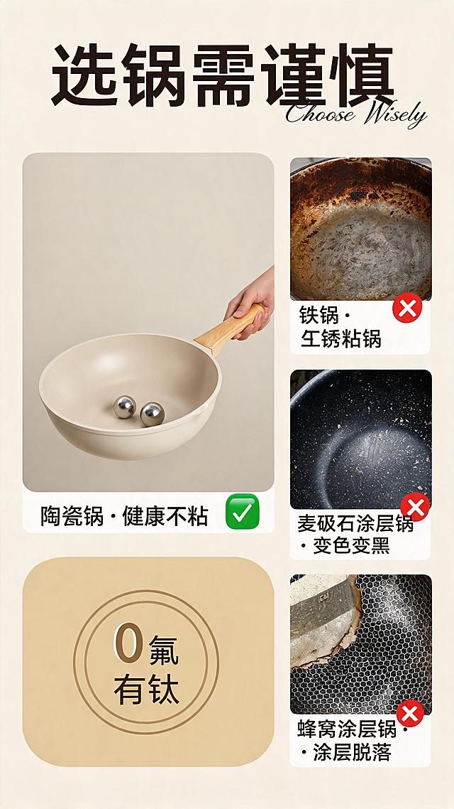 竖版电商详情科普海报，奶油温柔浅米纯色背景，简约ins家居风，商业静物写实摄影，柔和均匀漫射自然光，画面顶部放置大号粗体中文标题文字：选锅需谨慎，标题旁搭配纤细英文花体装饰字体。整体采用网格分块排版布局，画面分为多个图文模块：左上大图展示奶白色陶瓷炒锅，浅米色锅内涂层，一只手握着原木色锅柄，锅内两颗金属钢珠，图片下方配文字「陶瓷锅・健康不粘」以及绿色对勾标识；右上方格特写老旧铁锅内壁，下方文字「铁锅・生锈粘锅」搭配红色叉号；右中方方格特写发黑麦饭石锅内壁，下方文字「麦饭石涂层锅・变色变黑」搭配红色叉号；底部右侧方格特写涂层剥落的蜂窝锅内壁，下方文字「蜂窝涂层锅・涂层脱落」搭配红色叉号；左下角浅金色圆角方形区块，内部圆形边框文字「0 氟 有钛」。整体色调柔和低饱和，画面干净整洁，模块分割清晰，图文排版规整，8K高清，细腻写实，厨具产品详情对比图，暖调奶油质感，无多余杂乱杂物，信息直观清晰，适合电商详情页科普板块。