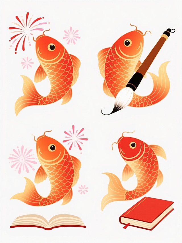 白色背景上排列整齐的四个不同样式的插画，保持中国传统吉祥配色，主体为橙红色锦鲤，配以金色渐变和红色、粉色烟花状装饰，一条鲤鱼衔着毛笔，毛笔尖有白色光晕，下方是一本翻开的红色封面书籍，整体风格为细腻的中国风插画，线条流畅，色彩明快，充满喜庆与文化气息，四个图案样式各异但保持统一的艺术风格和色彩体系，构图均衡，细节丰富，呈现出传统与创意结合的美感。