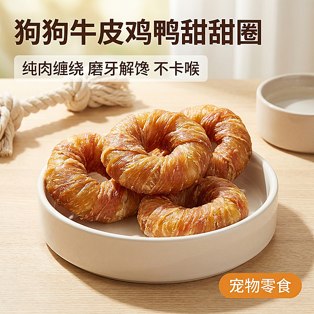 [主图 1] 狗狗牛皮鸡鸭甜甜圈宠物零食首图
[氛围风格] 清新食欲风，符合拼多多平台高性价比定位
[画面元素] 商业摄影质感、光线柔和通透、产品清晰真实、画面干净高级。产品放在干净的浅色宠物餐盘上，呈现完整甜甜圈形状，自然暖阳逆光突出肉干纹理，背景点缀少量宠物用品元素，整体画面干净醒目突出主体，产品外观保持和原图一致
[配色色系] 主色调：原木浅黄，辅助色：米白，浅棕
[视角构图] 平视视角，中心构图，景深适中
[文字版式] 左上左对齐主标题，安全边距。主标题“狗狗牛皮鸡鸭甜甜圈”深棕色大号无衬线粗体；副标题“纯肉缠绕 磨牙解馋 不卡喉”白色半透明底深棕色字，字号约为主标题一半。右下角圆角标签“宠物零食”橙底白字，整体清晰不遮挡主体
[比例分辨率] 1:1比例，2k分辨率；文字清晰可辨，超高清
[负向提示词]变形，水印，文字错乱，产品图模糊，背景杂乱，遮挡主体