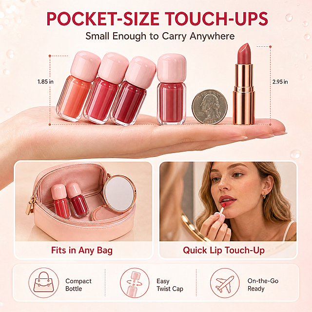 [主图-4] 多色唇釉唇彩（MULTI-COLOR LIP TINT）小巧便携与随身补妆页，唯一任务：证明瓶身小巧、方便随身携带与随时补妆。
[统一基调] 风格=跨境美妆商业摄影柔光通透高级感；标题字=干净无衬线粗体、正常字宽不拉伸；正文字=同一字体外观的小号无衬线；主色=奶油白与浅粉；背景延展=奶油白到浅粉同色渐变并带细腻纸张柔雾质感；强调色=玫瑰金仅用于细线引线、小图标与色号圆点；标题色=深莓红；正文色=暖灰棕；组件=圆角信息卡、细金引线、对比标尺、圆形图标；光影=左前侧大柔光加右侧弱补光。
[画面] 1:1方形，上中下三段。上部二分之一：四支唇釉中三支倒置斜靠、一支直立平放于掌心（欧美成人女性手掌平托），与一枚硬币、一支普通口红并排做尺寸对照，底部细金对齐线直观表达瓶体短小圆润；产品与参照物占画面约六成；中部两个圆角小窗：左为一只打开的浅粉色化妆包，内里放两支唇釉与一面小镜；右为欧美女性在梳妆镜前旋出刷头、唇部补涂的瞬间（手部动作自然）；下部一条横向信息条，三个玫瑰金图标配英文短词。背景为奶油浅粉渐变与柔雾水珠点缀。
[光影质感] 左前侧大柔光，透明瓶身有折射亮边与柔和高光，掌托产品有真实接触阴影，镜面与桌台反光自然。
[配色] 主色=奶油白与浅粉；强调色=玫瑰金仅用于图标、标尺与引线；标题深莓红；正文暖灰棕；无冷蓝无灰调。
[文字版式] 上方主标题 "POCKET-SIZE TOUCH-UPS"，下方副标题 "Small Enough to Carry Anywhere"；中部左窗标注 Fits in Any Bag，右窗标注 Quick Lip Touch-Up；底部三图标标注 Compact Bottle / Easy Twist Cap / On-the-Go Ready；所有文字仅横向排版，不遮挡产品与人物面部。
[输出要求] 1:1方形2K，尺寸对比真实合理、产品不变形不悬浮，人物为欧美成人、手部正常，文字清晰无错字，不写具体容量数值，负向：中文、水印、乱码、品牌Logo、价格、畸形手、多余手指、面部扭曲、变形、模糊。