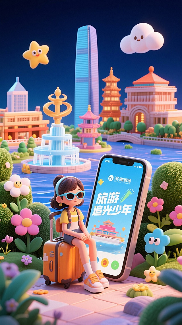 旅游追光少年，3d卡通风格，深蓝色背景，立体微缩景观。一个时尚女孩戴着墨镜坐在行李箱上，她的旁边是一个巨大的手机，，她的身后是山东的地标建筑微缩模型，包括泉标、济南绿地中心、青岛五四广场、大明湖，周围环绕着生长的植物和花朵，身边有卡通拟人化的星星、花朵、云朵作为装饰，整体风格青春有活力，搭配青春气息的多巴胺色彩，采用OC渲染，光线追踪技术，画面明亮，细节丰富，色彩鲜艳