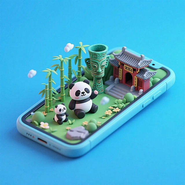软3D风微缩艺术，可爱熊猫与中式古建筑、竹林共筑卡通感场景，融合民族元素，清新灵动，呈现数字时代的国风趣味。