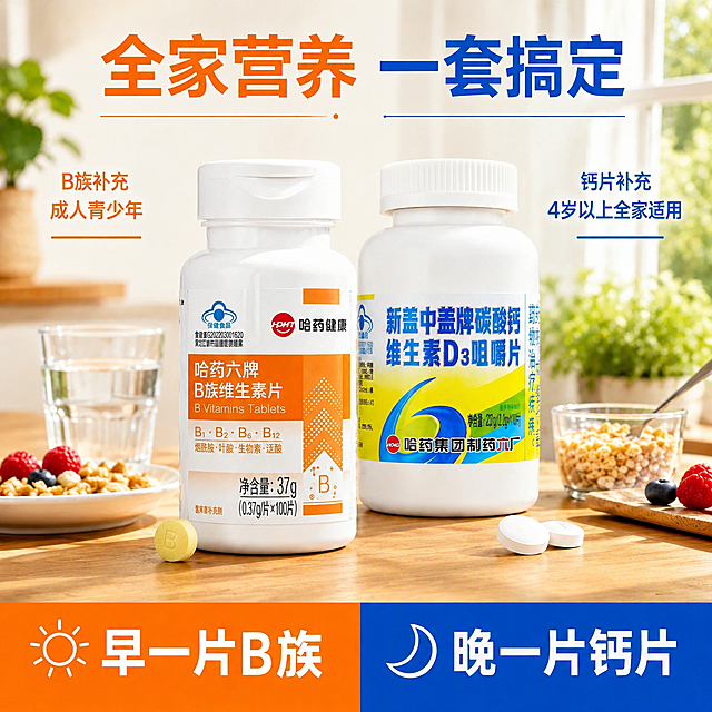 拼多多推广创意图，全家营养场景图。温馨明亮的家居餐厅场景，木质餐桌上摆放着两瓶保健品，左侧是哈药六牌B族维生素片，右侧是新盖中盖牌碳酸钙维生素D3咀嚼片。两瓶前方各有一颗对应颜色的药片。餐桌左侧有一杯清水和一盘浆果麦片，右侧有一碗谷物和树莓蓝莓。背景是明亮的窗户和绿植，阳光从窗外洒入，营造温暖健康的早餐氛围。保持两瓶产品外观与输入产品图完全一致，无变形色差。顶部大字标题，左侧橙色粗体字"全家营养"，右侧蓝色粗体字"一套搞定"，中间用细横线分隔。左上方小字标注"B族补充 成人青少年"，右上方小字标注"钙片补充 4岁以上全家适用"。底部左右分栏，左侧橙色区域太阳图标配白色大字"早一片B族"，右侧蓝色区域月亮图标配白色大字"晚一片钙片"。整体风格温馨生活化，场景真实自然，大字醒目。文字清晰可读，不遮挡产品主体。1:1正方形构图，超高清商业摄影质感。画面禁止出现多余的手、畸形手、人物面部扭曲、变形、文字错乱、水印、电商平台Logo。