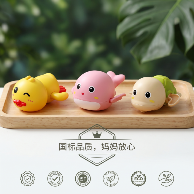商业静物摄影。三款戏水玩具（亮黄小鸭、粉色鲸鱼、绿壳乌龟）整齐排列在浅木色托盘上，背景有高级的绿植虚影点缀，营造高品质环保氛围。严格还原三款产品的所有细节和磨砂质感。居中勋章排版，底部放置认证图标视觉预览效果