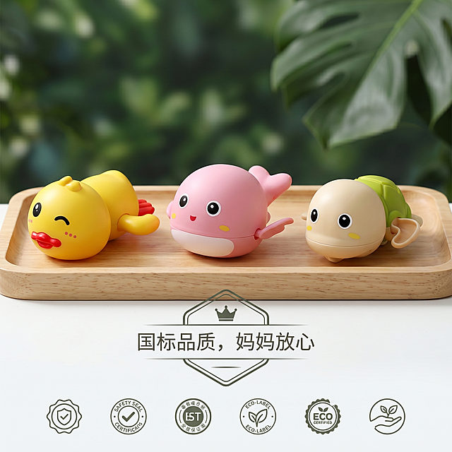 商业静物摄影。三款戏水玩具（亮黄小鸭、粉色鲸鱼、绿壳乌龟）整齐排列在浅木色托盘上，背景有高级的绿植虚影点缀，营造高品质环保氛围。严格还原三款产品的所有细节和磨砂质感。居中勋章排版，底部放置认证图标视觉，文字"国标品质，妈妈放心"。视觉风格高级简约。负面提示词：廉价感，颜色刺眼，五金配件干扰。