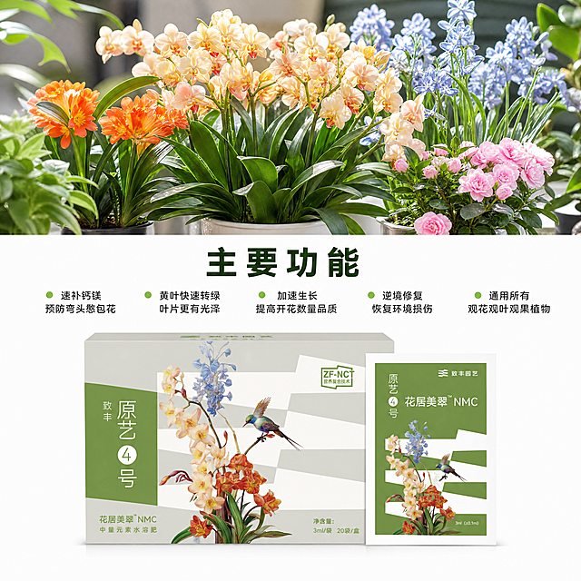 [主图-3] 主要功能卖点展示图
[氛围风格] 清新实用自然风
[画质] 商业摄影质感，产品清晰真实，画面干净高级
[元素] 画面上半部分放置一张开花植物的实景照片，展示使用后花卉爆花状态，下半部分放置原艺4号水溶费产品图，上下分区构图。保持产品外观与输入产品图绝对一致，精细化处理无变形。整体产品加效果展示，增强说服力
[光影] 自然光效果，整体光线均匀，植物和产品都清晰明亮
[配色] 绿色植物+产品原生灰绿色搭配白色背景，整体清新自然，对比清晰
[视角构图] 上下分栏构图，上效果图下产品+卖点，结构清晰，满屏无边框
[文字版式] 顶部大标题"主要功能"深绿色粗体；底部产品上方横向排列五个功能卖点，每个卖点用浅绿小圆点做前缀：①速补钙镁 预防弯头憨包花 ②黄叶快速转绿 叶片更有光泽 ③加速生长 提高开花数量品质 ④逆境修复 恢复环境损伤 ⑤通用所有 观花观叶观果植物；文字大小适中，清晰可读，排列整齐不遮挡产品主体
[比例分辨率] 1:1比例，2048x2048，4K分辨率，文字清晰锐利，超高清
[负向提示词] 变形，水印，文字错乱，产品模糊，背景杂乱，遮挡主体
