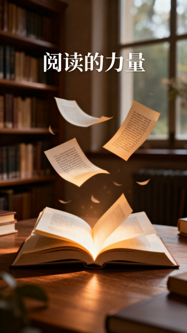 世界读书日宣传海报，温暖安静的书房场景，摊开的书本溢出柔和光芒，空气中漂浮着书页文字，整体文艺清新风格，顶部有艺术字标题'阅读的力量'，暖棕色调，氛围感十足，竖版构图预览效果